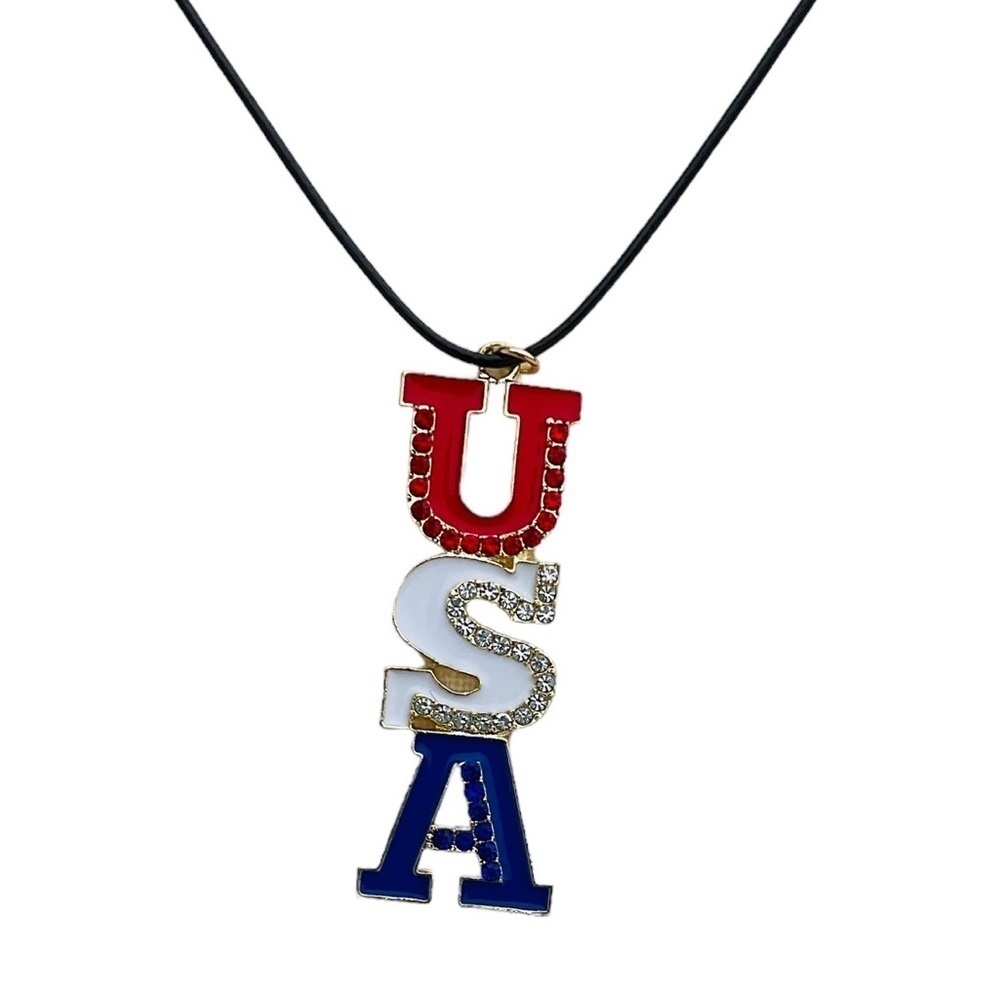USA Rhinestone Embellished Patriotic Red White & Blue Pendant Necklace